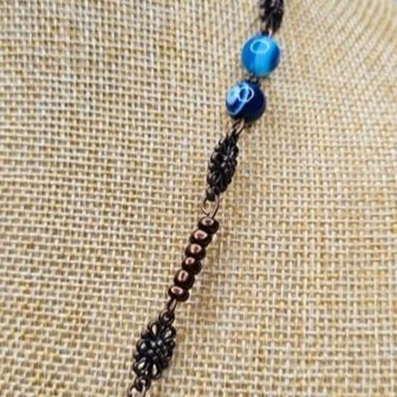 Blue Agate 2"L Pendant Brass Gold Facet Cat's Eyes Bead Necklace 22.5"L - Picture 3 of 6